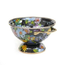 MacKenzie Childs Colander Flower Market  Enamel Small Strainer 8x3.75” Black NEW