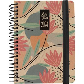 Grafoplás | 2024 A6 Day Page Diary | 16.5 x 10.5 cm | Spanish | Design Flowers Model | Nature Series | Hard Cover | Kraft Paper and Recycled Cardboard Cover 100% | Elastic Closure | Hard Cover