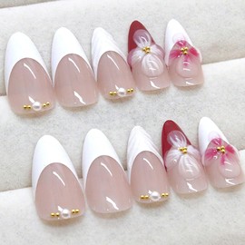 ROFIBUT White Pink French Tip Press on Nails Medium Almond Fake Nails with Pearl Designs Glossy 3D Floral False Nails Reusable Cute Summer Flowers Glue on Nails for Women 24Pcs