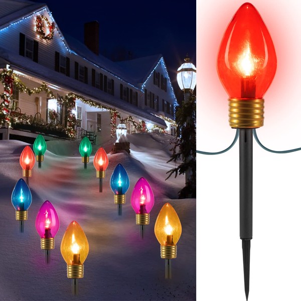 Christmas Lights Jumbo C9 Outdoor Lawn Decorations with Pathway Marker Stakes, 2 Pack 8.5 Feet String Lights Covered Jumbo Multicolored Light Bulb for Holiday Outside Yard Garden Decor, 10 Lights