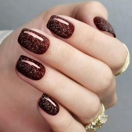 HOSAILY Christmas Glitter Dark Red Press on Nails Short Square, 32pcs 16 Sizes Soft Gel Red Brown Burgundy Wine Red Stick on Nail Coffin, Lasting Glossy Reusable Fit Perfectly Salon Quality Fake Nail