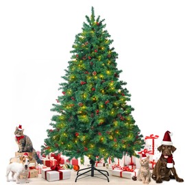 Fencer Wire 6 Feet Premium Full Artificial Pre-lit Christmas Tree w/ 800 Branch Tips Pre-Hinged & Foldable Stand, 250 LED Lights, Holiday Fake Xmas Tree w/Pinecones, Berries for Indoor Decoration