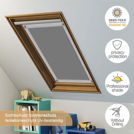 OBdeco Thermal Roller Blind, Skylight Window Sun Protection, Blackout Roller Blind for Velux Heat Protection, No Drilling with Suction Cups (96 x 93 cm (W x L) for S06/606, Grey)