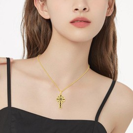 YAFEINI Sterling Silver Cross Necklace for Women and Girls Gold-Plated Scottish Thistle Cross Pendant Necklace Black Onyx Irish Celtic Jewellery Gifts, 18 carat gold plated