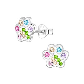 Animal Paw Print Earrings - 925 Sterling Silver with Colourful Rainbow Crystal Stones