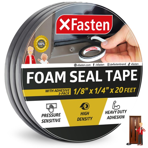 XFasten Black Foam Seal Tape with Adhesive, 1/8-Inch-Thick, 1/4-Inch x