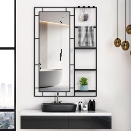 Strawberry Fairy Elegant Modern Vanity Mirror with Multi-Functional Shelf for Enhanced Living Spaces, Versatile and Easy to Install, Black Frame Design