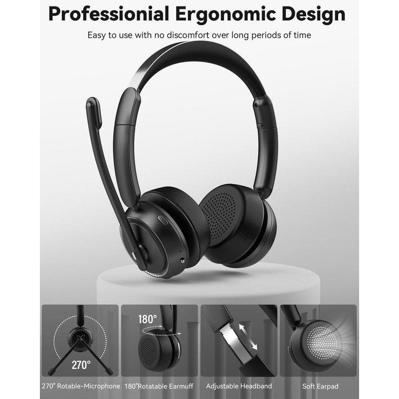 ANSTEN Bluetooth Headset with Microphone, Noise Cancelling, 40 Hours Playtime,