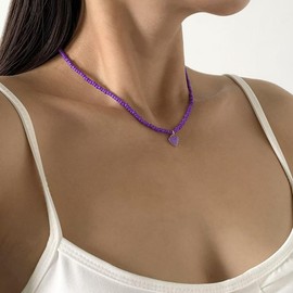 Azusa Sun Boho Heart Beaded Choker Necklace Love Heart Summer Beach Colorful Beaded Pendant Necklace For Women Fashion Jewelry Gift （Purple）