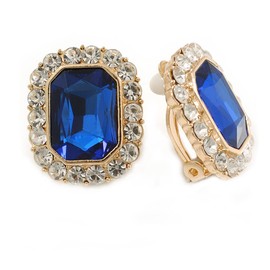 23mm Tall/Clear/Royal Blue Crystal Square Clip On Earrings in Gold Tone Metal