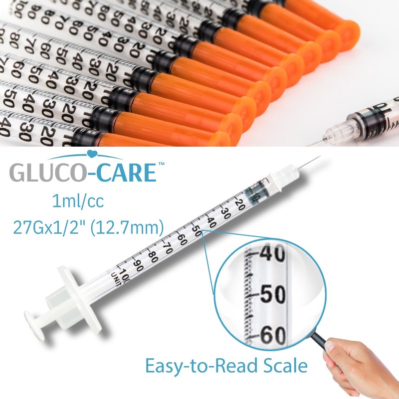 GLUCO-CARE 1 ml/cc Syringes 27G x 1/2’’ (12.7mm), Orange Cap,