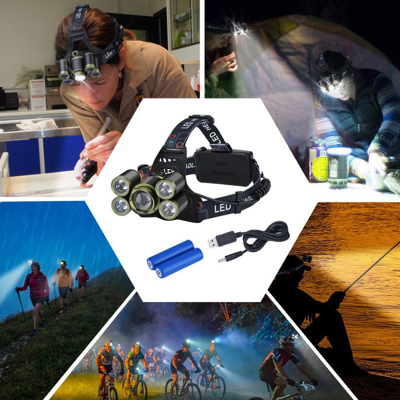 LED Headlamp Rechargeable Flashlight Brightest Waterproof 5 Lighting Modes Zoomable
