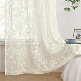 Ivory Lace Curtains 63 Inch Length 2 Panels Set Victorian Floral Curtains for Living Room Bedroom Rod Pocket Light Filtering Lace Fabric Curtain for Small Window Drapes Cream Neutral Decor, 52x63