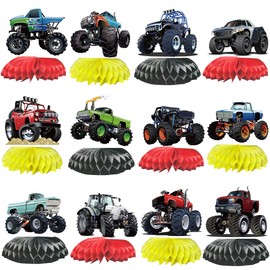 12PCS Monster Truck Honeycomb Centerpieces Monster Car Party Decorations Muscle Car Silhouette Party Favors Birthday Baby Shower Racing Party Supplies