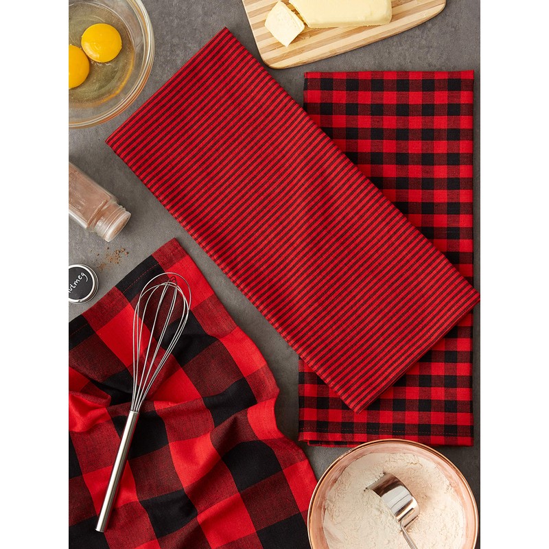DII 100% Cotton Gingham Check Kitchen Collection, Red/Black, Dishtowel Set,