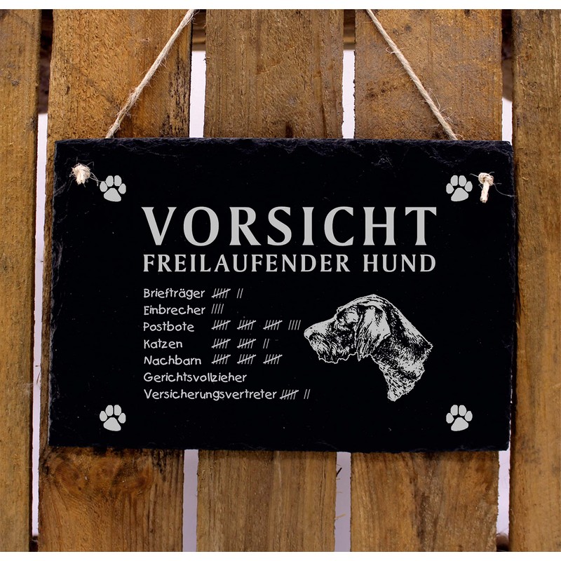 German Wirehaired Sign Slate Engraving - Caution Freilaufender Hund -