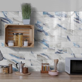 16-Pack Peel and Stick Backsplash Marble Wall Tiles, Waterproof 4" x 8" Glossy Imitation Ice Blue Marble, PVC Shower Wall Panels for Interior Wall Decor; Tile for Kitchen, Bathroom, and Fireplace