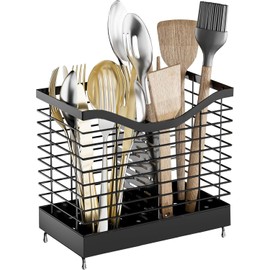 Kitchen Utensil Holder, Metal Cutlery Holder, Large Stainless Steel Utensil Pot with Drain Base, 2 Compartments Utensil Holder Kitchen - Perfect Organisation for Your Kitchen, Kitchen Storage, Black