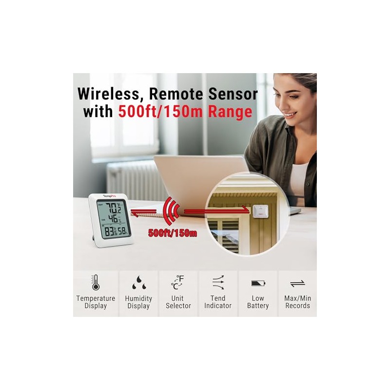 TempPro TP60B Termómetro digital para interiores y exteriores, monitor de
