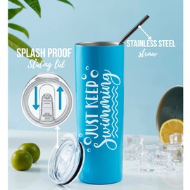 Onebttl Swimming Gifts, Swimmer Stainless Steel 20oz Skinny Tumbler for Women, Men, Teen Girls, Teammate, Coach, Blue - Just Keep Swimming