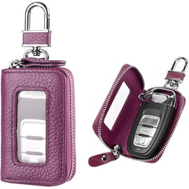 Funda para llave de coche, funda inteligente con gancho de metal y ventana transparente, soporte para llave con bolsa con cierre de cremallera (morado)