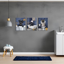 Nachic Wall Funny Bathroom Wall Art Lovely Dog Painting Canvas Prints Set of 3 (Navy)