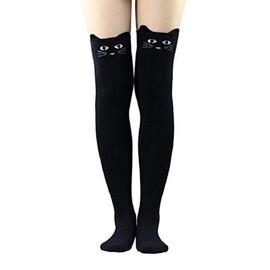 Live It Style It Womens Girls Cat Bear Cartoon Long Socks Knee High Stockings Black Blue Grey (Black Cat)