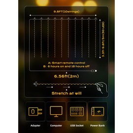 Brightown 2 Pack 300 LED Fairy Curtain Lights, 9.8ft x 9.8ft Warm White Curtain String Lights, USB Plug in 8 Lighting Modes LED Christmas String Hanging Lights with Remote for Bedroom Indoor Outdoor