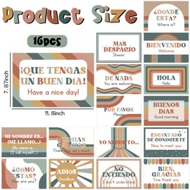 BelleAngle 16Pcs Bilingual Posters Spanish English Words and Phrases Poster Set Educational Materials for Teachers Preschool Back to School Classroom Decorations