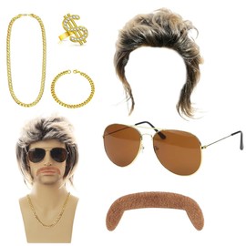 Duoleimi 6-Piece Set 80s Outfit Men's Wigs and Accessories, Mullet Mullet Mullet Men's Wig, 70s 80s Costume, Years Parties Accessories, Lightweight and Comfortable, Men