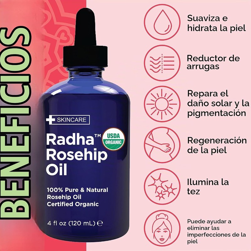 Radha Beauty Aceite de Rosa Mosqueta Orgánico 100% Puro, 120