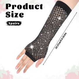 Long Rhinestone Fingerless Fishnet Gloves, Long Rhinestone Fish Net Arm Sleeve Sparkly Glitter Fashion Neon Fingerless Fishnet Gloves Emo Goth Punk 80s Party Cosplay Costume Accessories (Black)