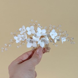 Handmade Bridal Hair Comb with White Resin Flowers Pearl and Rhinestone Accents Wedding Hair Accessories for Women Brides Bridesmaid