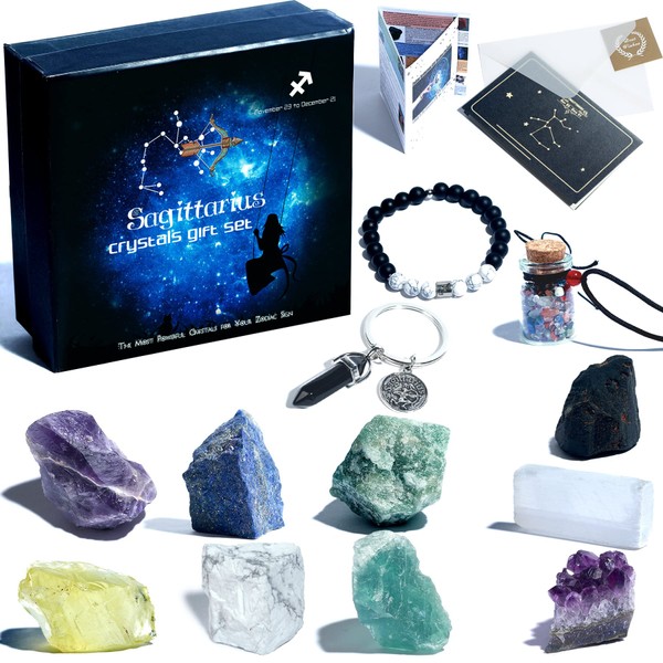 ALLCSM Sagittarius Gifts for Women - 14 Pcs Sagittarius Crystals Set Healing Stones - Astrology Gifts for Women - Zodiac Sagittarius Birthday Gifts Bracelet Keychain Necklace - Spiritual Gifts