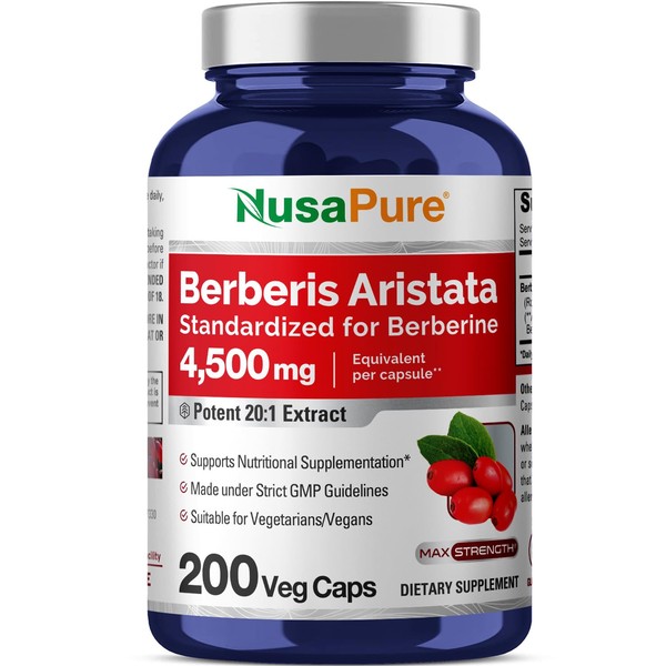NusaPure Berberine HCI 4500 mg - 200 Veggie Caps - 6 Months Supply - (100% Vegetarian, Non-GMO, Gluten-Free)