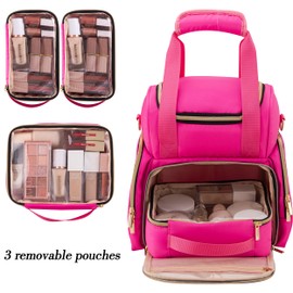 HBselect Large Makeup Cosmetic Bag with 3 Removable Case, Double Layer Travel Makeup Organizer Case with Inner Dividers and Makeup Brushes Storage Section