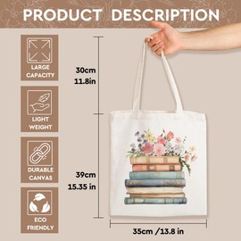Cute Bookish Canvas Tote Bag Gifts for Women,Mom,Wife,Daughters,Friends,Librarian,Book Lover Gifts,Flower Canvas Bag for Library,Birthday,Christmas,Thanksgiving Gift for Book Worm,Teacher,Reader