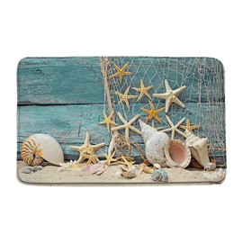 Microfiber Memory Foam,Beach Ocean Starfish Fishing Shells Teal Wooden Board Summer Coastal Theme,Soft Bathroom Living Room Bedroom Mat/Bath Rugs