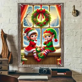 BlissYard Christmas Window Decorations 32×47 Inch Christmas Window Cover Shushing Elves Festive Wreath Red Bow Bells Snowy Sill Whimsical Windows Silhouette for Indoor Outdoor Holiday Party Decor