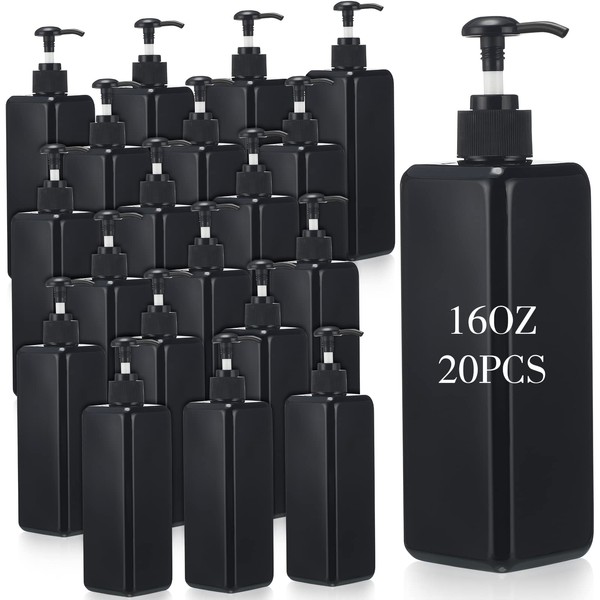 20 Pack 16oz/ 500ml Plastic Empty Bottles Refillable Shampoo Containers with Pump Lightweight Square Soap Dispenser Bottles for Essential Lotions, Shampoos, Conditioner, Massage Oil (Black)