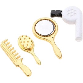 4Pcs Miniature Comb, Hair Dryer Mirror Makeup Set, 1:12 Scale Dollhouse Decorations Accessories