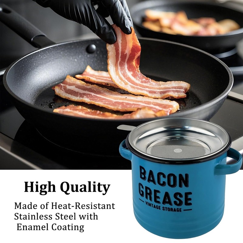YOKODU 42oz Bacon Grease Container with Strainer,Enamel Ceramic Bacon Fat