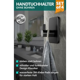 4smile Content Handtuchhalter ohne Bohren, 4er-SET - Schwarze Haken selbstklebend als Handtuchhaken Bad - Wasserfeste Klebehaken extra-stark, Wandhaken im klassischen Design