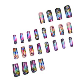 Medium Coffin Press on Nails Spring Summer Fake Nails Colorful Flower Glue on Nails Hottie Stick on Nails Glossy False Nails Full Cover Artificial Acrylic Nails Reusable Nails Kit for Women Girl 24Pcs
