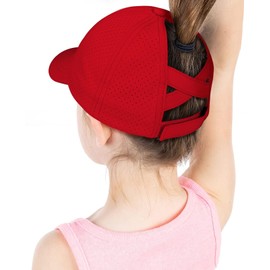 CHUANGLI Girls Criss Cross Ponytail Hat Reflective Lightweight Baseball Cap Kids Quick Dry Mesh Sports Hat for Age 7-12 Years, Red (watermelon), Unit size