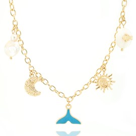 Layering Sea Shell Charm Necklace for Women - Dainty Gold Summer Boho Seashell Necklace with Moon, Sun, Hexagram & Cross Pendant - Beach Summer Jewelry Gift (Sea Shell Charm Necklace S2)