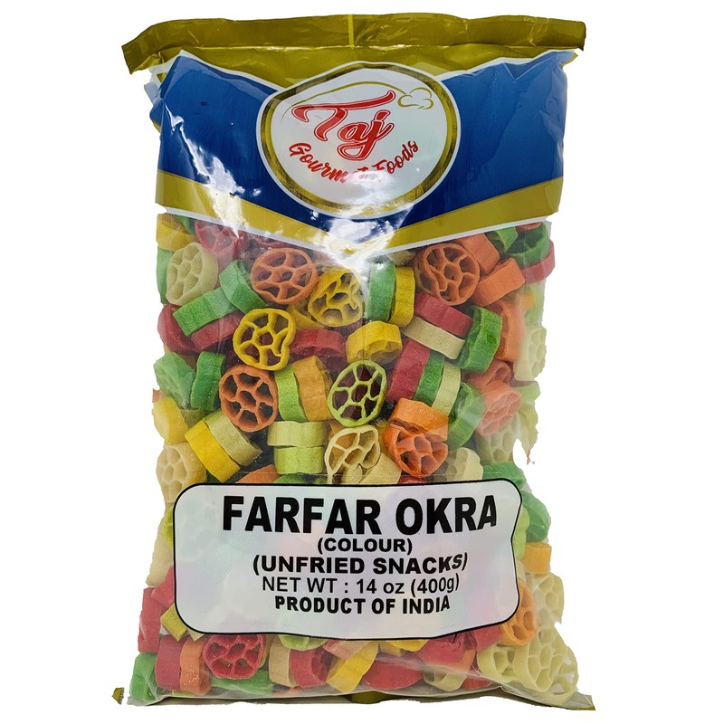 TAJ Gourmet Farfar Fryums (Wheat Pellet Tube), 400g (Okra)