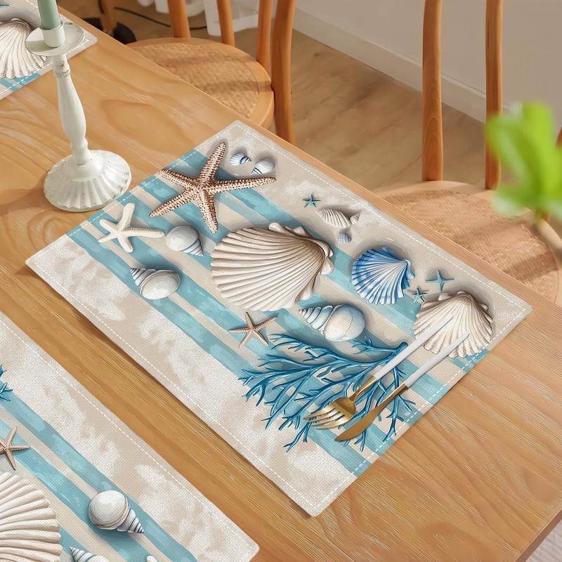 Summer Sea Shell Placemats Set of 6, Coastal Starfish Place