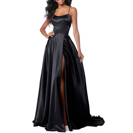Lecureler Lecureler Long Satin Spaghetti Strap Prom Dress Black Size 14