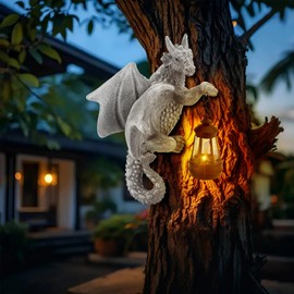 Gugxiom Dragon Garden Statues, 9.3 in Dragon Tree Hugger Solar Lantern, Resin Statue Outdoor Decor, Outdoor Home Decor Gift for Yard Balcony Garden